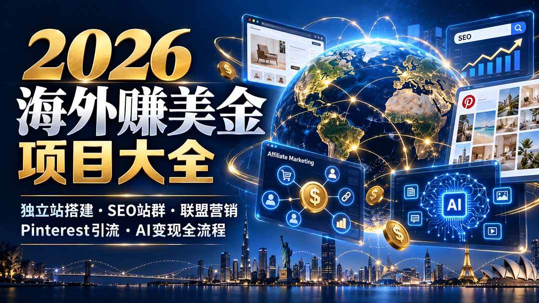 （21200期）2026海外赚美金项目大全：独立站搭建、SEO站群、联盟营销、Pinterest引流与AI变现全流程-好耶资源