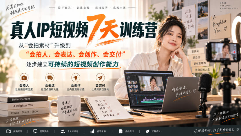 真人IP短视频7天训练营，从“会拍素材”升级到“会拍人、会表达、会创作、会交付”，逐步建立可持续的短视频创作能力-好耶资源
