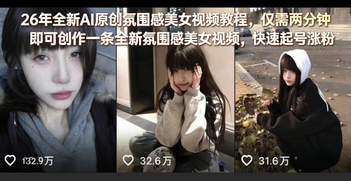 26年全新AI原创氛围感美女视频教程,仅需两分钟即可创作一条全新氛围感美女视频,快速起号涨粉-好耶资源