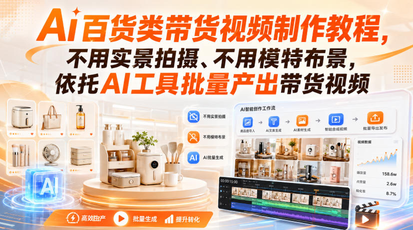 Ai百货类带货视频制作教程,不用实景拍摄、不用模特布景,依托AI工具批量产出带货视频-好耶资源