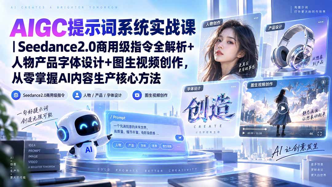 (20559期)AIGC提示词系统实战课-无水印|Seedance2.0商用级指令全解析+人物产品字体设计+图生视频创作,掌握AI内容生产方法-好耶资源