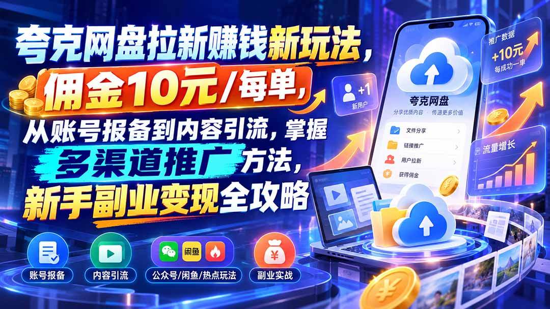(21108期)夸克网盘拉新赚钱新玩法,佣金10元/每单,从账号报备到内容引流,掌握多渠道推广方法,新手副业变现全攻略-好耶资源