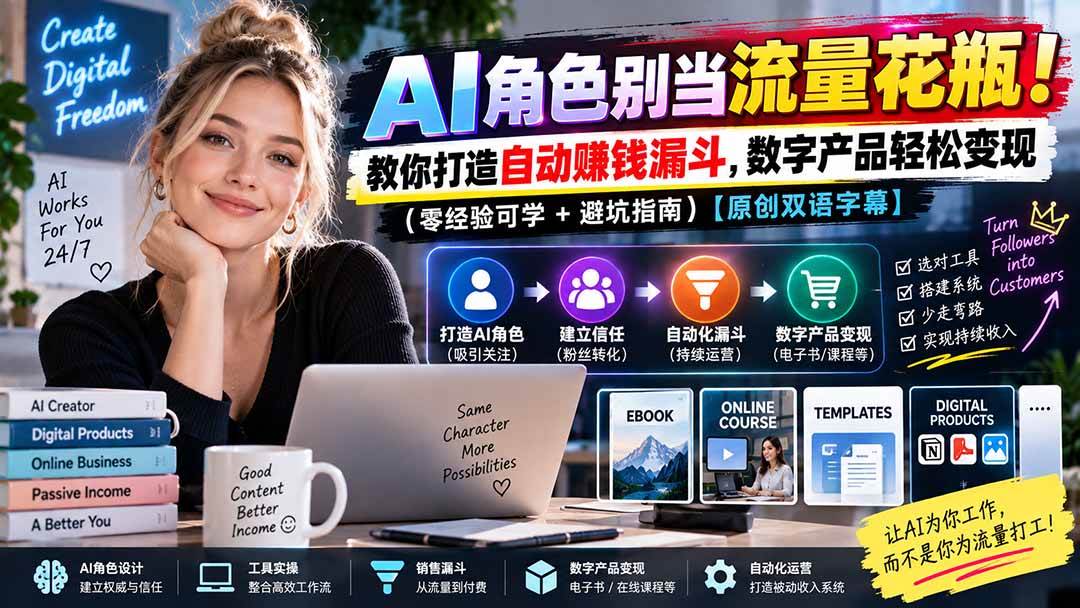 (20475期)AI角色别当流量花瓶!教你打造自动赚钱漏斗,数字产品轻松变现(零经验可学+避坑指南)【原创双语字幕】-好耶资源