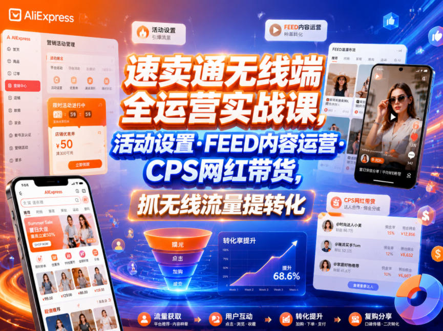 速卖通无线端全运营实战课，活动设置・FEED内容运营・CPS网红带货，抓无线流量提转化-好耶资源