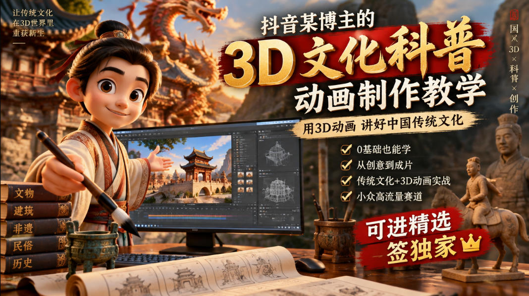 抖音某博主的3D文化科普动画制作教学,用3D动画呈现中国传统文化,可进精选签独家,单日收益1k+ 抖音某博主的3D文化科普动画制作教学,用3D动画呈现中国传统文化,可进精选签独家,单日收益1k+
