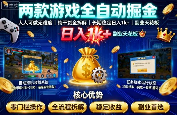 两款游戏全自动掘金，人人可做无难度，纯干货全拆解，长期稳定，日入1k+，副业天花板【揭秘】-好耶资源