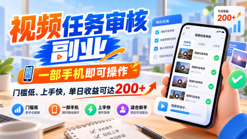 视频任务审核副业,一部手机即可操作,门槛低、上手快,单日收益可达200+【揭秘】-好耶资源