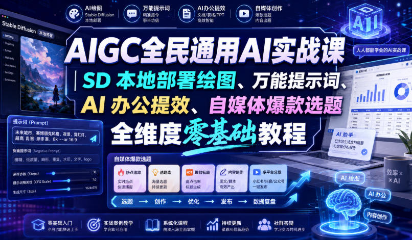 AIGC全民通用AI实战课｜SD本地部署绘图、万能提示词、AI办公提效、自媒体爆款选题全维度零基础教程-好耶资源