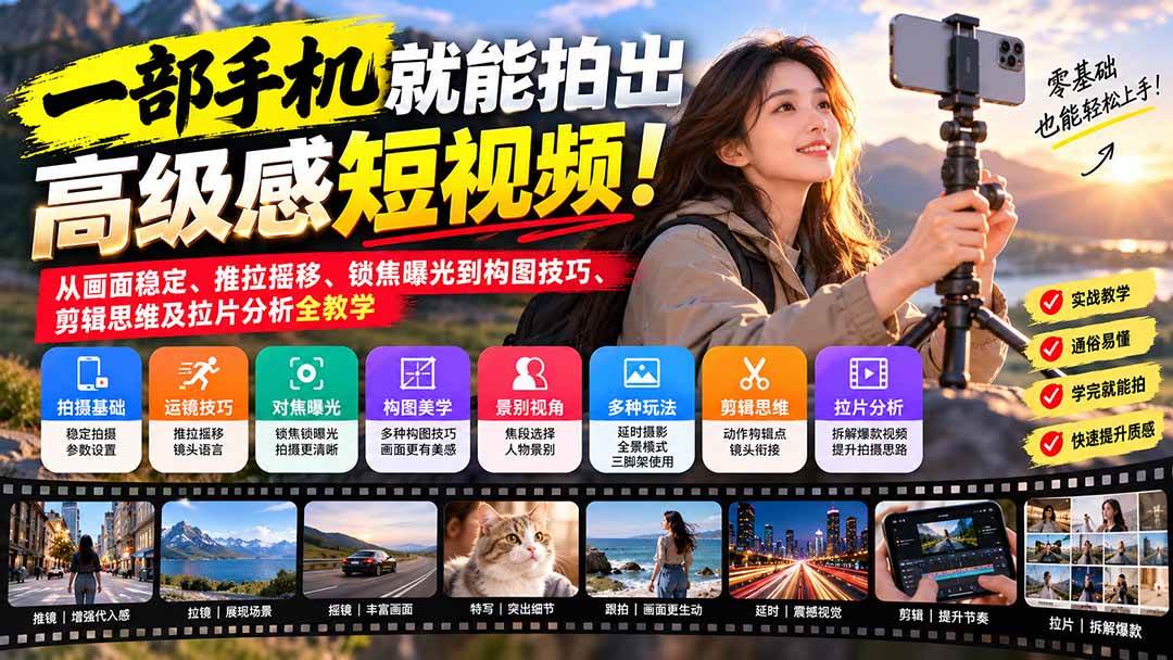 (21272期)一部手机就能拍出高级感短视频!从画面稳定、推拉摇移、锁焦曝光到构图技巧、剪辑思维及拉片分析全教学-好耶资源