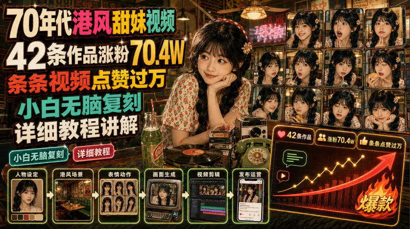 70年代港风甜妹视频,42条作品涨粉70.4W,条条视频点赞过万,小白无脑复刻,详细教程讲解-好耶资源