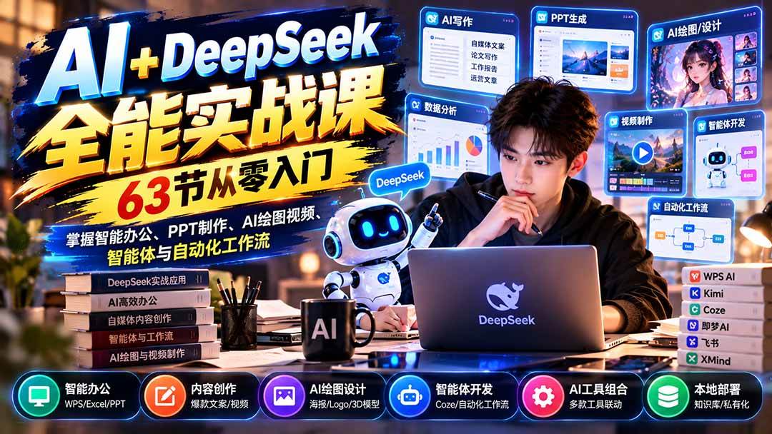 (21141期)AI+DeepSeek全能实战课:63节从零入门,掌握智能办公、PPT制作、AI绘图视频、智能体与自动化工作流-好耶资源