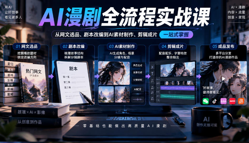 AI漫剧全流程实战课,覆盖从网文选品、剧本改编到AI素材制作、剪辑成片的完整链路-好耶资源