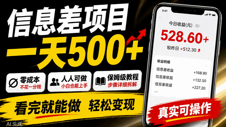 信息差项目一天500+,零成本,人人可做,保姆级教程,看完就能做【揭秘】-好耶资源