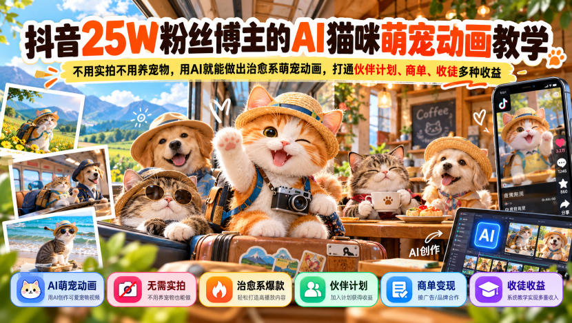 抖音25W粉丝博主的AI猫咪萌宠动画教学，不用实拍不用养宠物，用AI就能做出治愈系萌宠动画，打通伙伴计划、商单、收徒多种收益-好耶资源