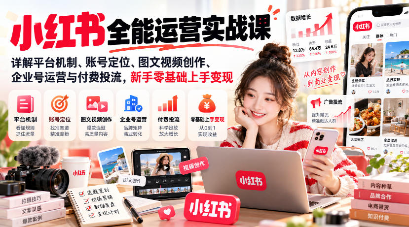 小红书全能运营实战课,详解平台机制、账号定位、图文视频创作、企业号运营与付费投流,新手零基础上手变现-好耶资源