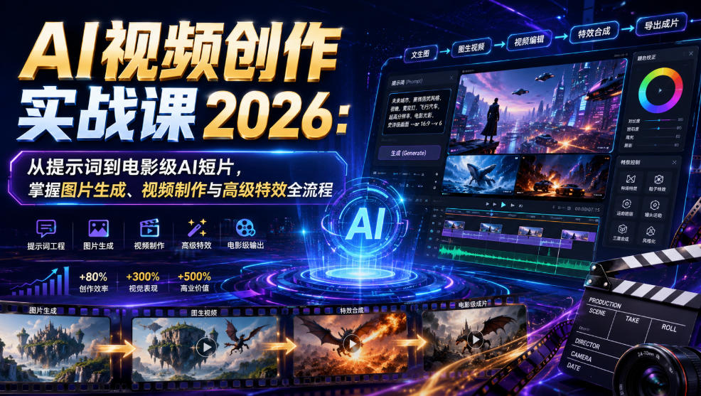 AI视频创作实战课2026：从提示词到电影级AI短片，掌握图片生成、视频制作与高级特效全流程-好耶资源