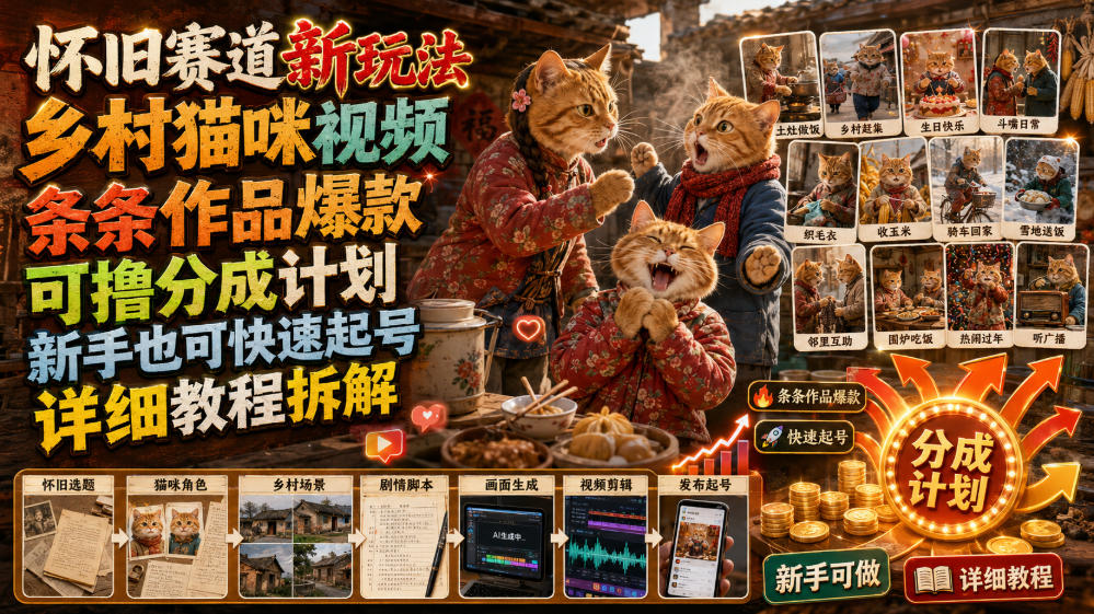 怀旧赛道新玩法,乡村猫咪视频,条条作品爆款,可撸分成计划,新手也可快速起号,详细教程拆解-好耶资源