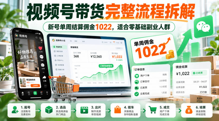 视频号带货完整流程拆解，新号单周结算佣金1022，适合零基础副业人群-好耶资源