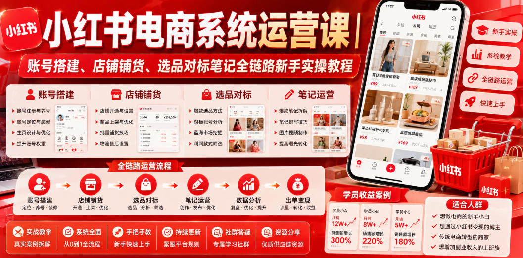 小红书电商系统运营课｜账号搭建、店铺铺货、选品对标笔记全链路新手实操教程-好耶资源
