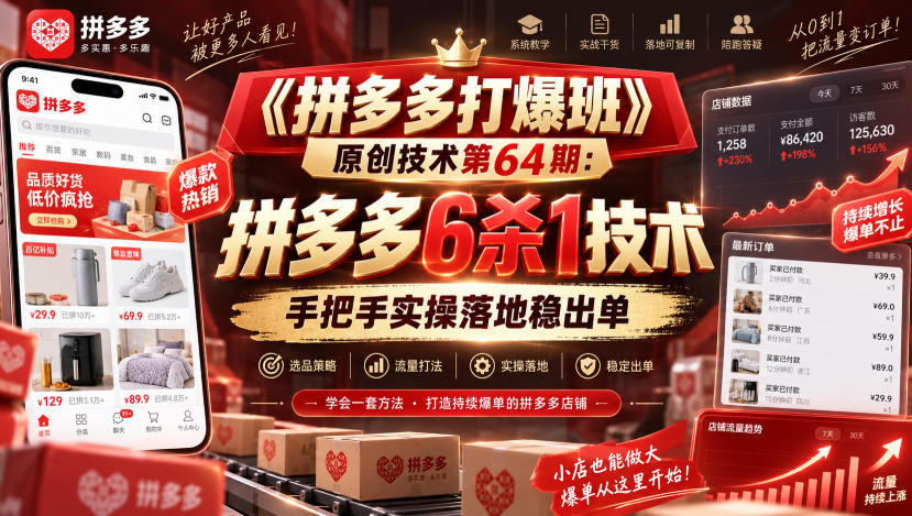 《拼多多打爆班》原创技术第64期:拼多多6杀1技术,手把手实操落地稳出单-好耶资源