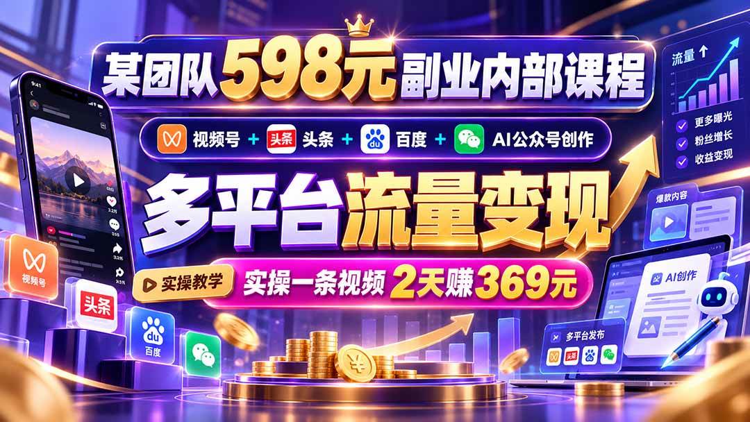 （21238期）某团队598元副业内部课程：视频号+头条+百度+AI公众号创作、多平台流量变现，实操一条视频2天赚369元