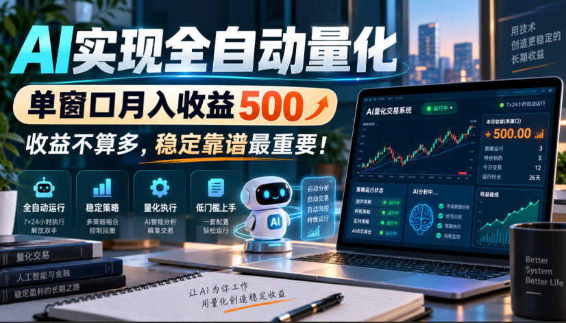 AI实现全自动量化,单窗口月入收益500,收益不算多,稳定靠谱最重要!【揭秘】 AI实现全自动量化,单窗口月入收益500,收益不算多,稳定靠谱最重要!【揭秘】
