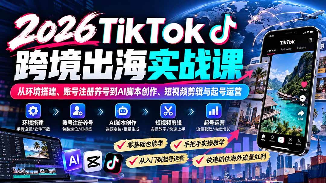 (21170期)2026TikTok跨境出海实战课:从环境搭建、账号注册养号到AI脚本创作、短视频剪辑与起号运营-好耶资源