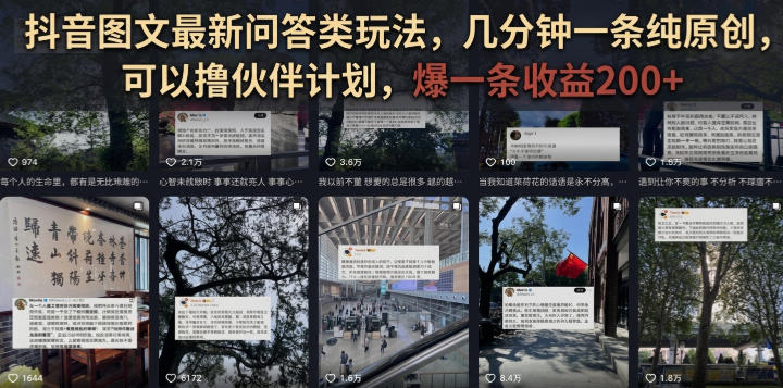 抖音图文最新问答类玩法，几分钟一条纯原创，可以撸伙伴计划，爆一条收益200+-好耶资源
