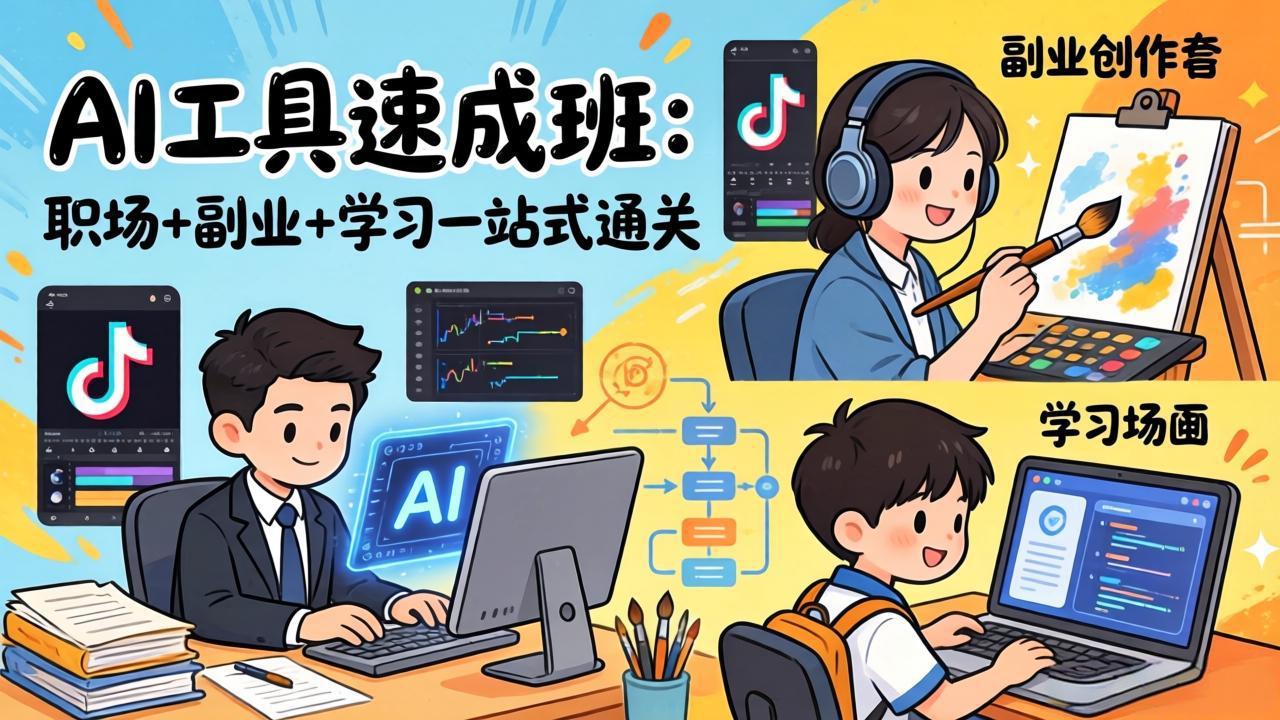 AI工具速成班：职场+副业+学习一站式通关，20+爆款类型+剪映技巧+抖音算法，0基础快速上手-好耶资源
