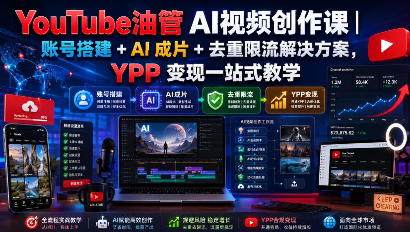 YouTube油管AI视频创作课｜账号搭建+AI成片+去重限流解决方案，YPP变现一站式教学-好耶资源