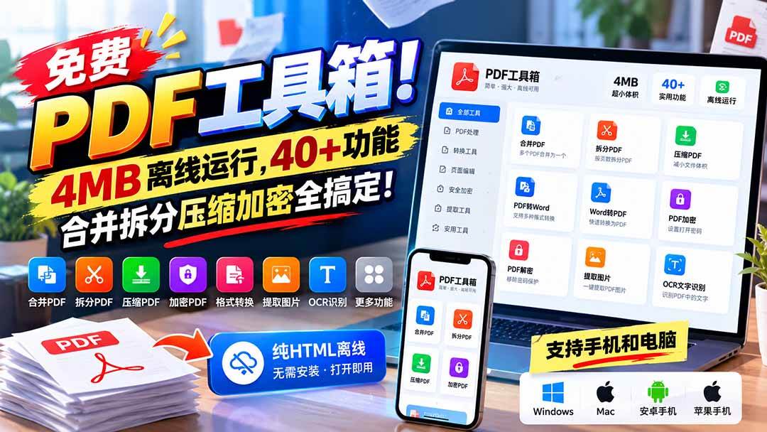 （21197期）免费PDF工具箱！4MB离线运行，40+功能，合并拆分压缩加密全搞定！-好耶资源