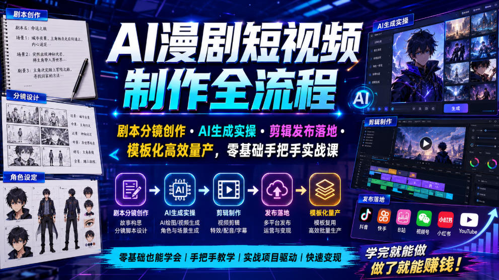 AI漫剧短视频制作全流程|剧本分镜创作・AI生成实操・剪辑发布落地・模板化高效量产,零基础手把手实战课-好耶资源