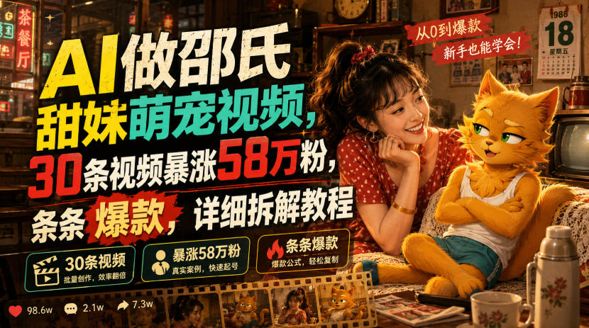 AI做邵氏甜妹萌宠视频，30条视频暴涨58万粉，条条爆款，详细拆解教程-好耶资源