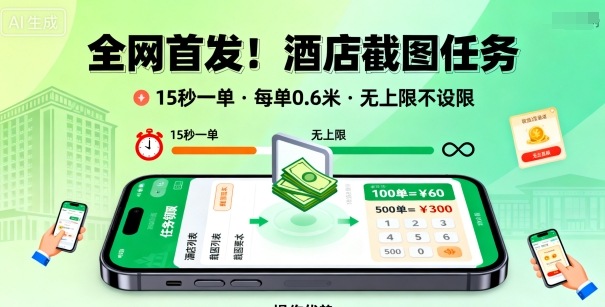 全网首发！酒店截图任务，15秒一单，每单0.6米，任务无上限不设限，矩阵操作单日3张到手【揭秘】-好耶资源