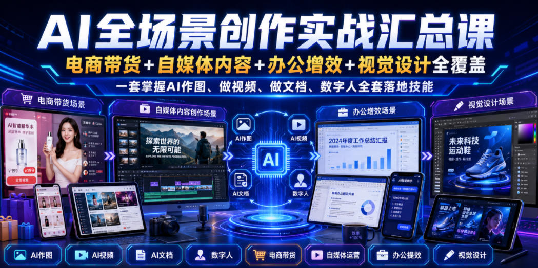 AI全场景创作实战汇总课｜电商带货+自媒体内容+办公增效+视觉设计全覆盖，一套掌握AI作图、做视频、做文档、数字人全套落地技能-好耶资源