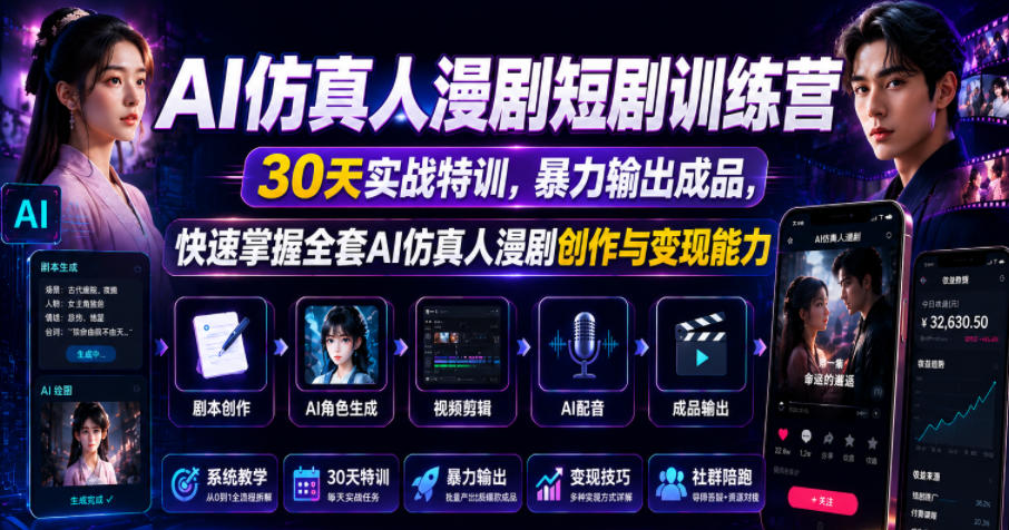 AI仿真人漫剧短剧训练营，30天实战特训，暴力输出成品，快速掌握全套AI仿真人漫剧创作与变现能力-好耶资源