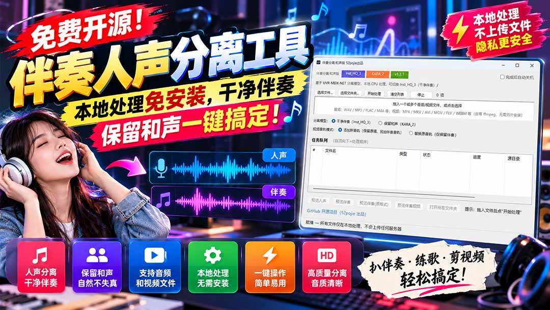 （21198期）免费开源！伴奏人声分离工具，本地处理免安装，干净伴奏，保留和声一键搞定！-好耶资源