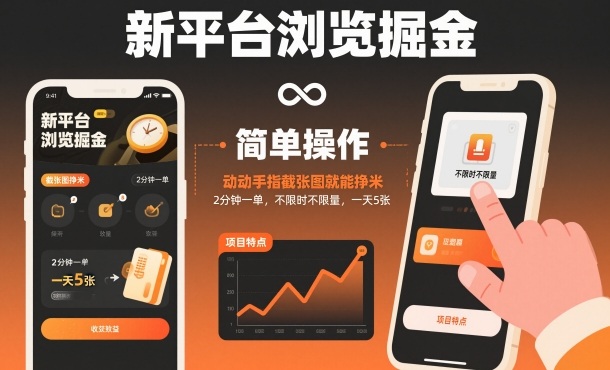 新平台浏览掘金，动动手指截张图就能挣米，2分钟一单，不限时不限量，一天5张【揭秘】-好耶资源