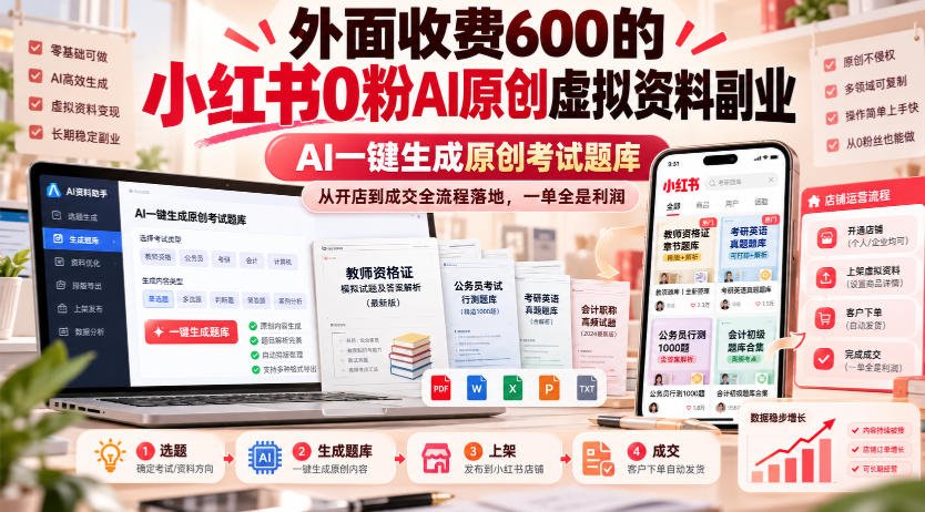 外面收费600的小红书0粉AI原创虚拟资料副业，AI一键生成原创考试题库，从开店到成交全流程落地，一单全是利润-好耶资源