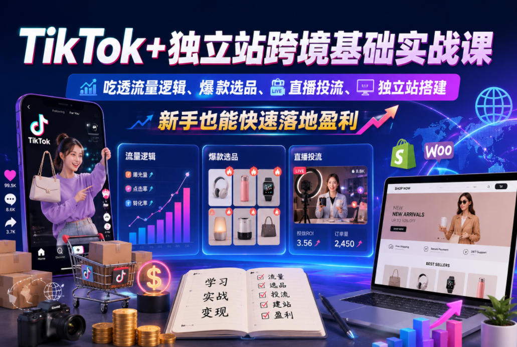 TikTok+独立站跨境基础实战课，吃透流量逻辑、爆款选品、直播投流与独立站搭建，新手也能快速落地盈利-好耶资源