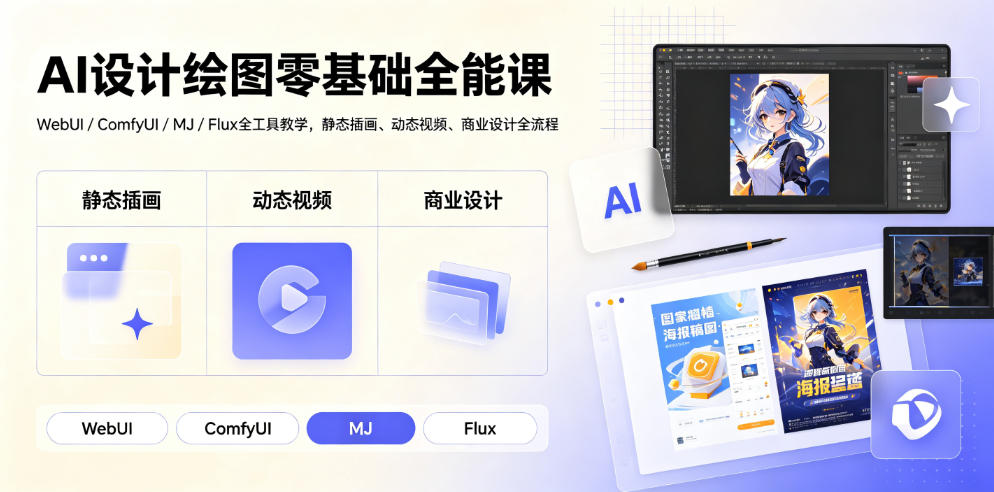 AI设计绘图零基础全能课|WebUI/ComfyUI/MJ/Flux全工具教学,静态插画、动态视频、商业设计全流程-好耶资源