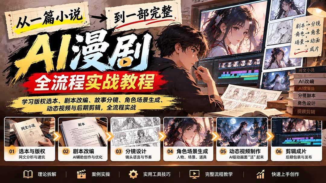（21262期）从一篇小说到一部完整AI漫剧：学习版权选本、剧本改编、故事分镜、角色场景生成、动态视频与后期剪辑-好耶资源