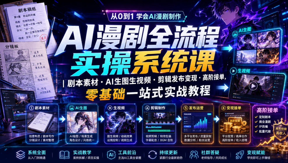 AI漫剧全流程实操系统课|剧本素材・AI生图生视频・剪辑发布变现・高阶接单,零基础一站式实战教程-好耶资源