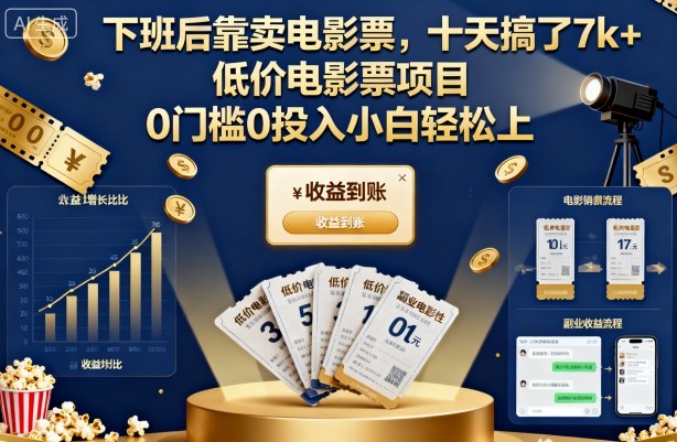 下班后靠卖电影票，十天搞了7k+，低价电影票项目，0门槛0投入小白轻松上手【揭秘】-好耶资源
