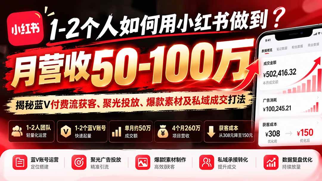 （20939期）1-2个人如何用小红书做到月营收50-100万？揭秘蓝V付费流获客、聚光投放、爆款素材及私域成交打法-好耶资源