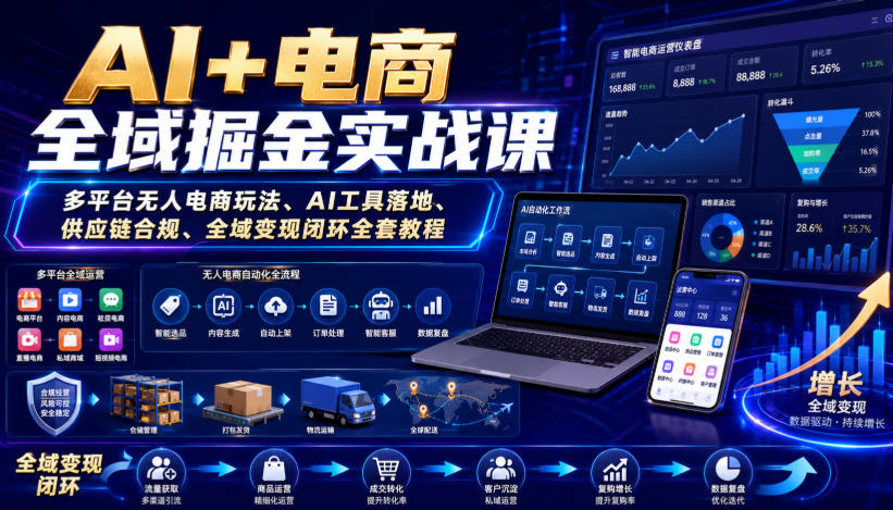 AI+电商全域掘金实战课|多平台无人电商玩法、AI工具落地、供应链合规、全域变现闭环全套教程-好耶资源