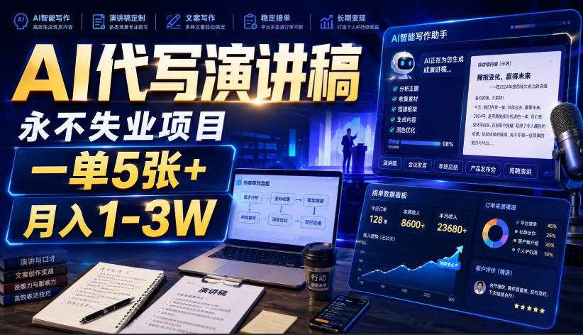 AI代写演讲稿，永不失业项目，一单5张+，月入1-3W【揭秘】-好耶资源
