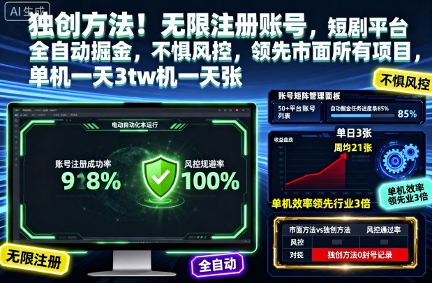 独创方法！无限注册账号，短剧平台全自动掘金，不惧风控，领先市面所有项目，单机一天3张【揭秘】-好耶资源