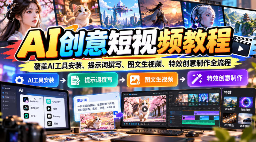 AI创意短视频教程，覆盖AI工具安装、提示词撰写、图文生视频、特效创意制作全流程-好耶资源