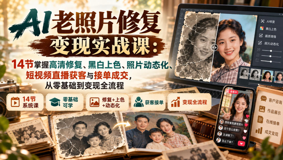 AI老照片修复变现实战课：14节掌握高清修复、黑白上色、照片动态化、短视频直播获客与接单成交，从零基础到变现全流程-好耶资源